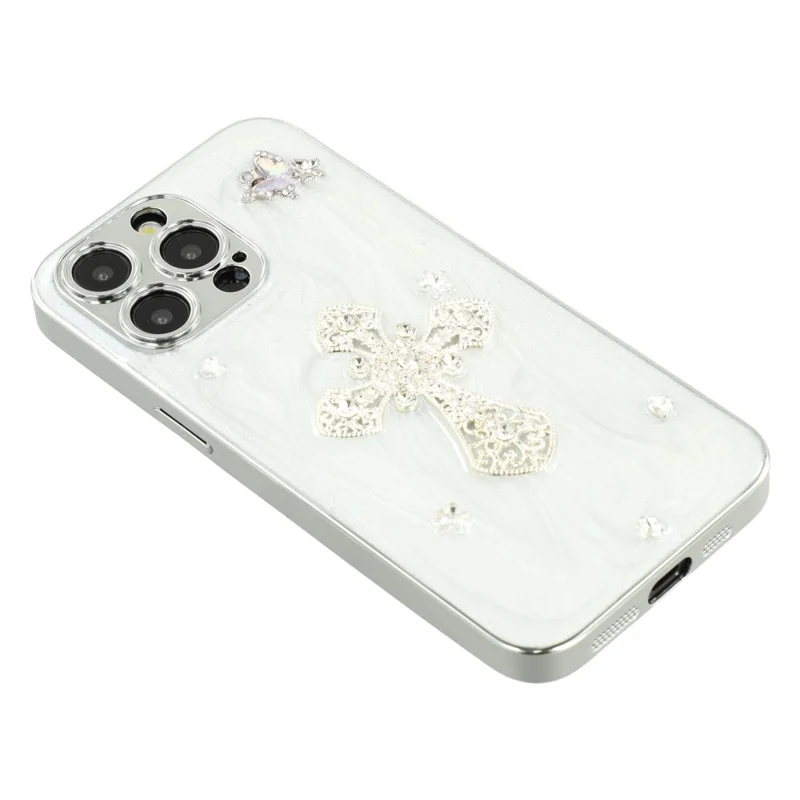 For iPhone 15 Pro Max Case Electroplated Epoxy Metal Decor TPU + Acrylic Phone Cover Precise Cutouts - Rhinestone Cross