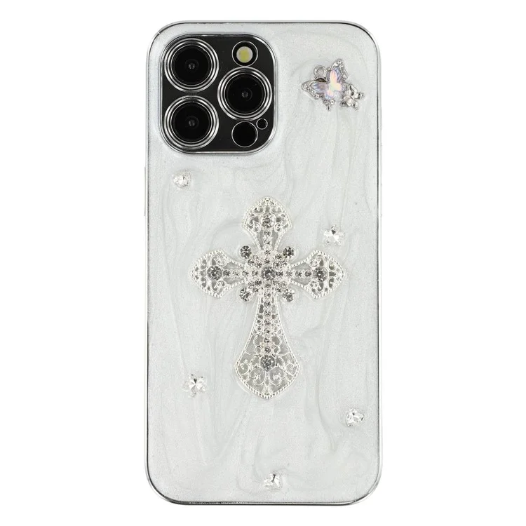 For iPhone 14 Pro Case Electroplated Epoxy Metal Decor TPU + Acrylic Phone Cover Precise Cutouts - Rhinestone Cross