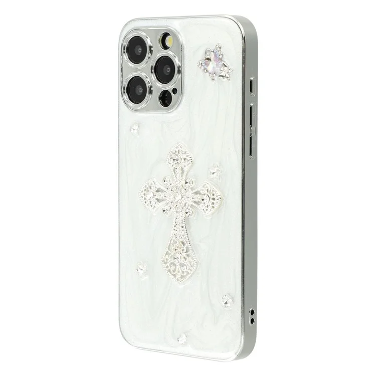 For iPhone 14 Pro Case Electroplated Epoxy Metal Decor TPU + Acrylic Phone Cover Precise Cutouts - Rhinestone Cross