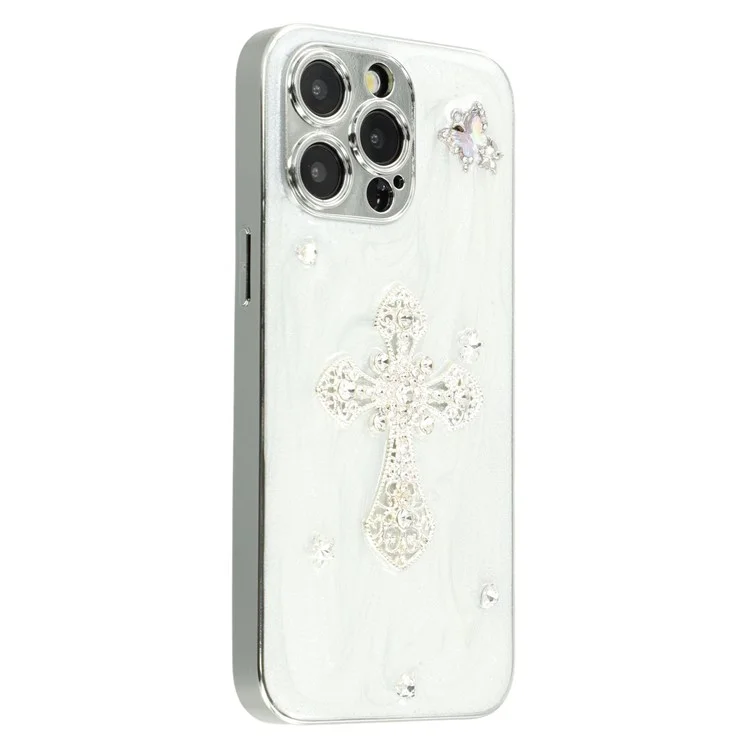 For iPhone 14 Pro Case Electroplated Epoxy Metal Decor TPU + Acrylic Phone Cover Precise Cutouts - Rhinestone Cross