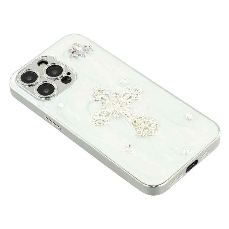 For iPhone 14 Pro Case Electroplated Epoxy Metal Decor TPU + Acrylic Phone Cover Precise Cutouts - Rhinestone Cross