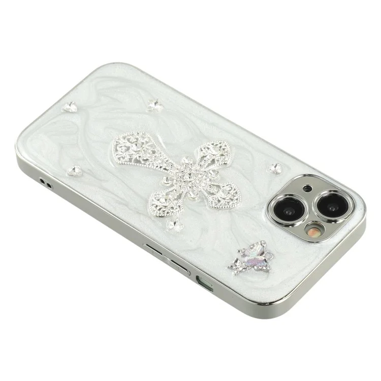 For iPhone 14 Case Electroplated Epoxy Metal Decor TPU + Acrylic Phone Cover Precise Cutouts - Rhinestone Cross