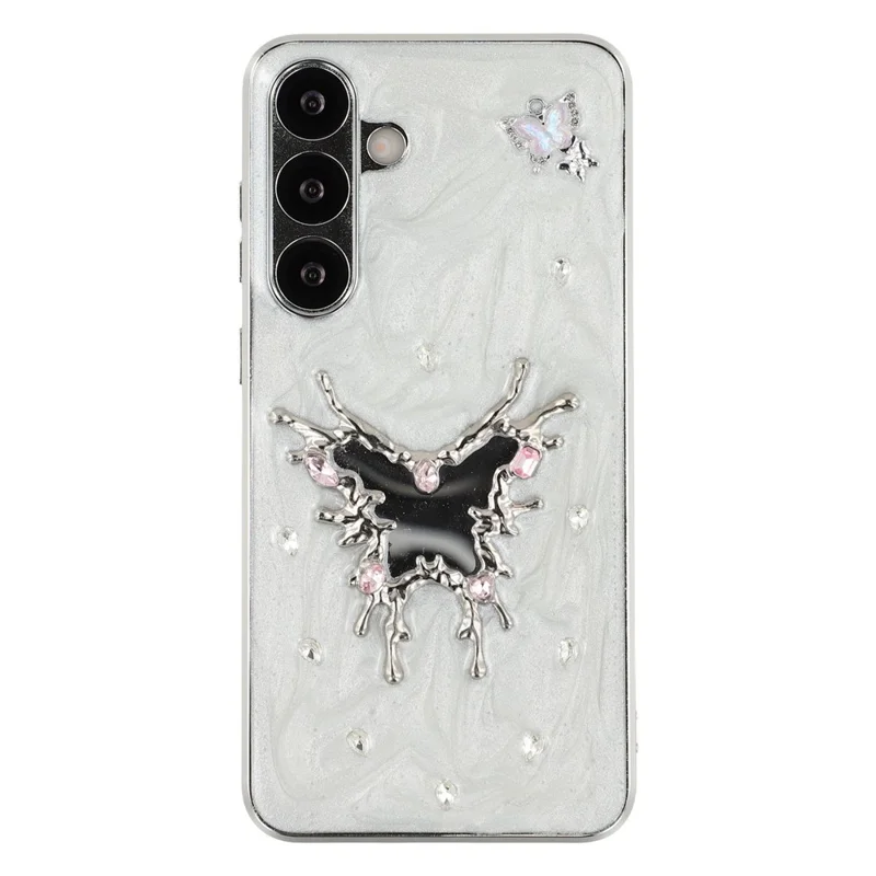 For Samsung Galaxy S25 Case Electroplated Epoxy Metal Decor TPU + Acrylic Phone Cover Precise Cutouts - Mirror Butterfly