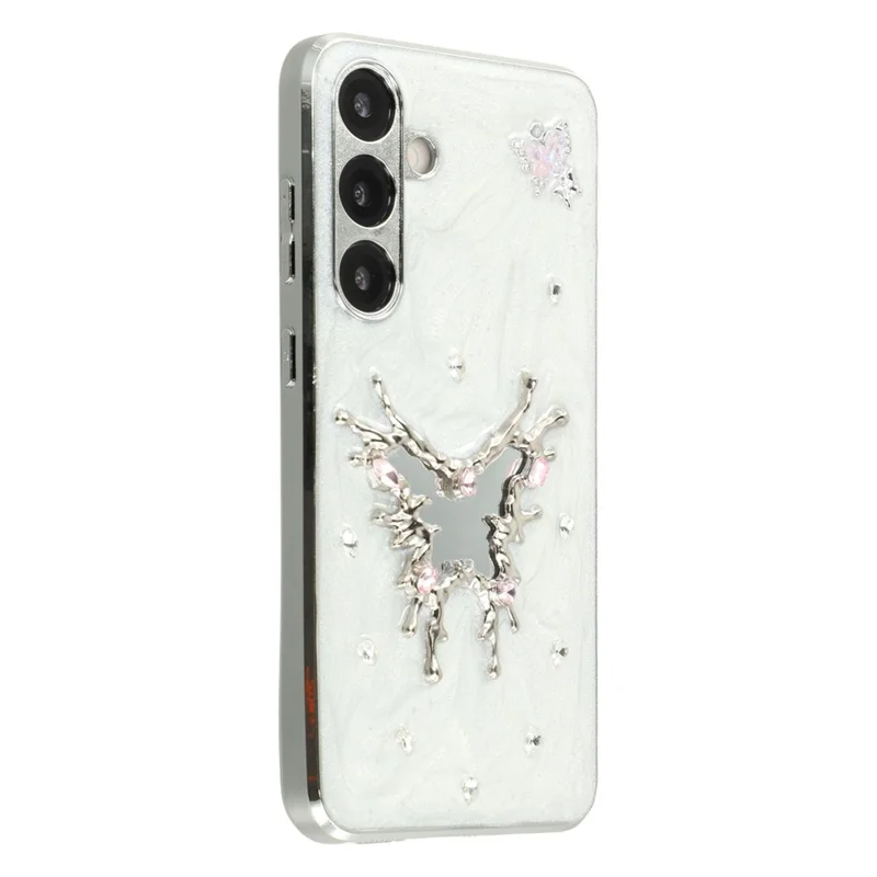 For Samsung Galaxy S25 Case Electroplated Epoxy Metal Decor TPU + Acrylic Phone Cover Precise Cutouts - Mirror Butterfly