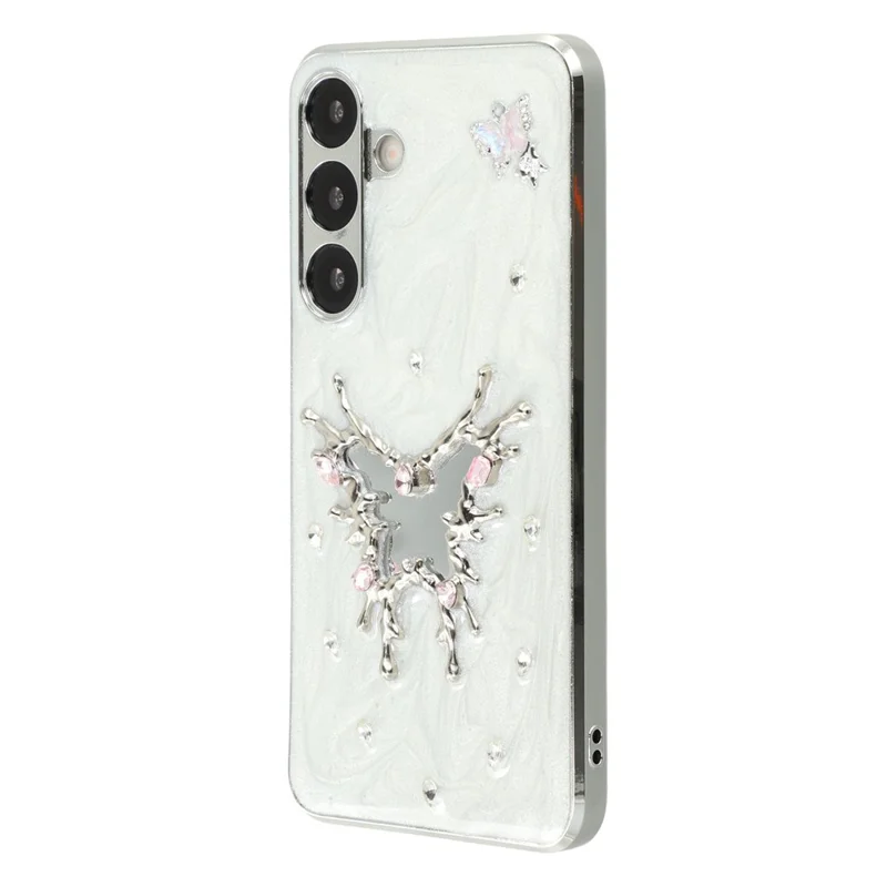 For Samsung Galaxy S25 Case Electroplated Epoxy Metal Decor TPU + Acrylic Phone Cover Precise Cutouts - Mirror Butterfly