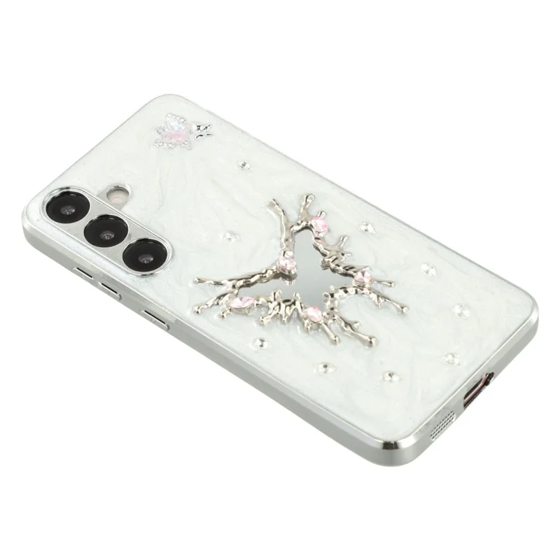 For Samsung Galaxy S25 Case Electroplated Epoxy Metal Decor TPU + Acrylic Phone Cover Precise Cutouts - Mirror Butterfly