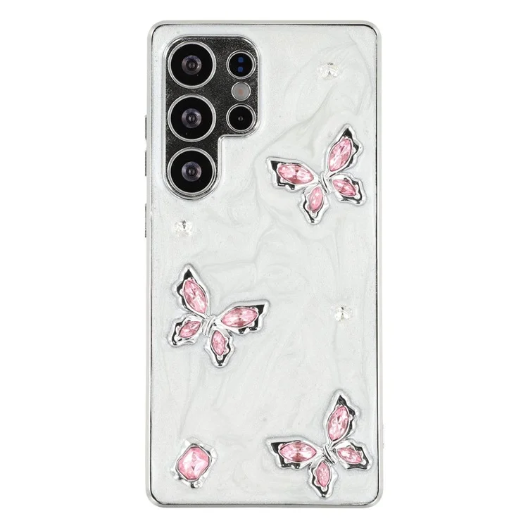 For Samsung Galaxy S25 Ultra Case Electroplated Epoxy Metal Decor TPU + Acrylic Phone Cover Precise Cutouts - Three Butterflies