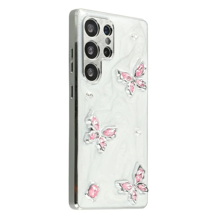 For Samsung Galaxy S25 Ultra Case Electroplated Epoxy Metal Decor TPU + Acrylic Phone Cover Precise Cutouts - Three Butterflies