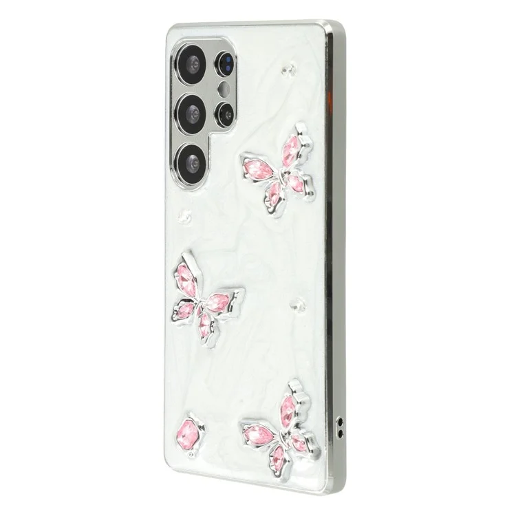 For Samsung Galaxy S25 Ultra Case Electroplated Epoxy Metal Decor TPU + Acrylic Phone Cover Precise Cutouts - Three Butterflies