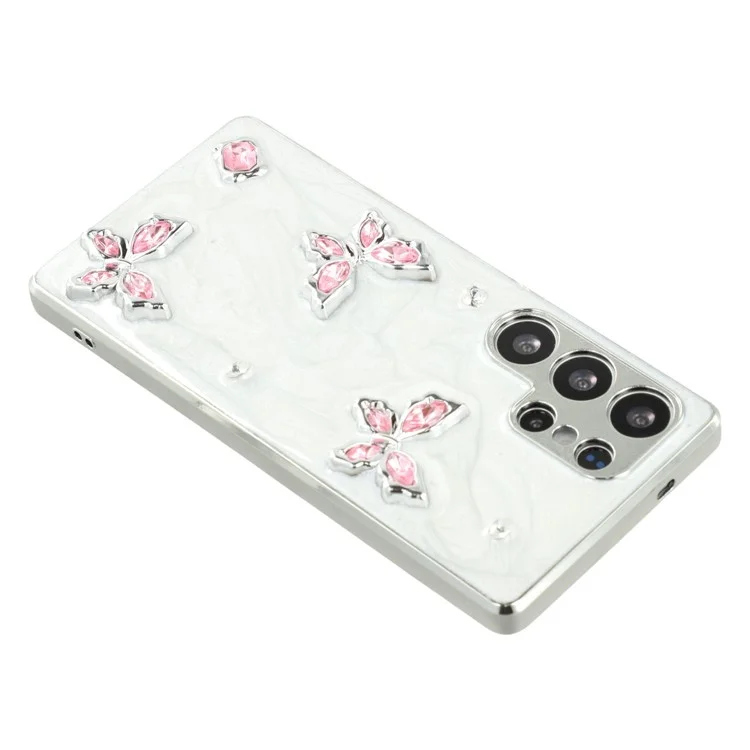 For Samsung Galaxy S25 Ultra Case Electroplated Epoxy Metal Decor TPU + Acrylic Phone Cover Precise Cutouts - Three Butterflies