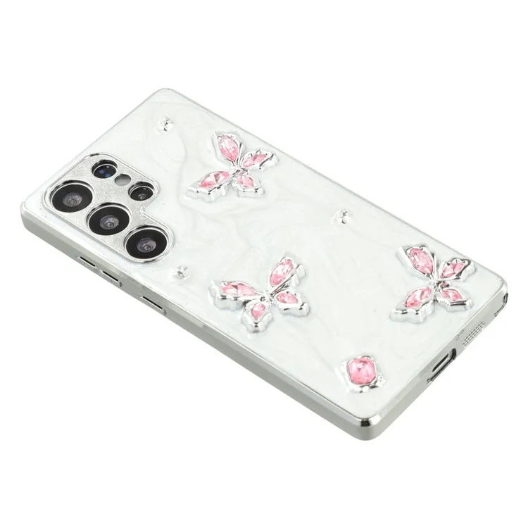 For Samsung Galaxy S25 Ultra Case Electroplated Epoxy Metal Decor TPU + Acrylic Phone Cover Precise Cutouts - Three Butterflies