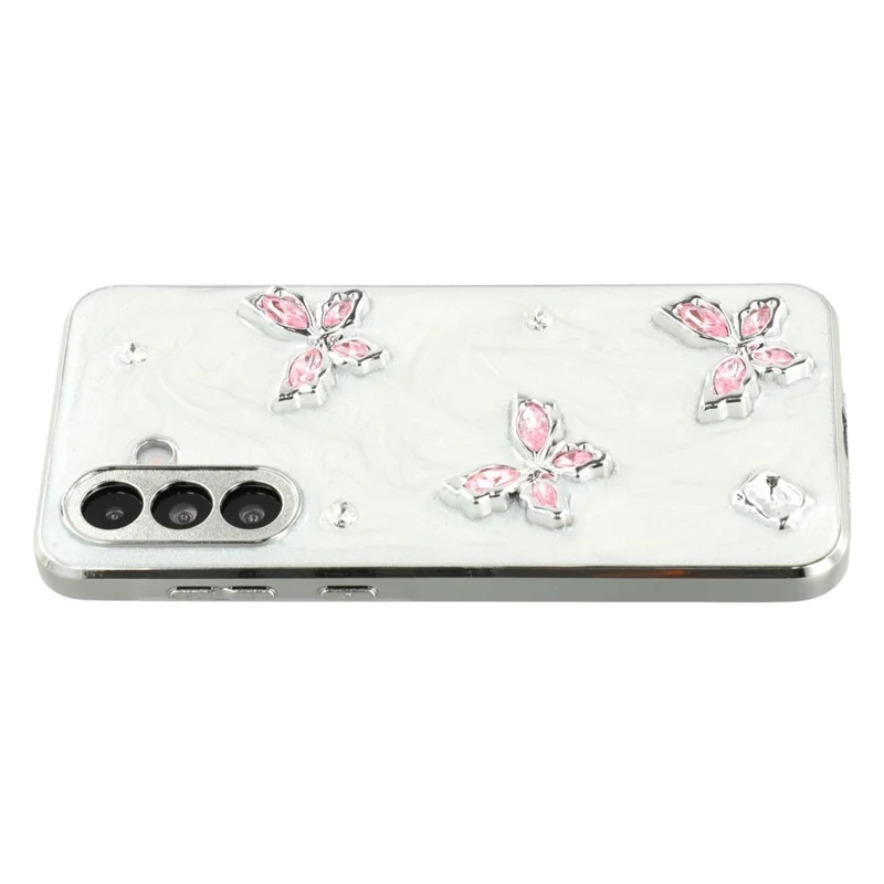 For Samsung Galaxy A36 5G Case Electroplated Epoxy Metal Decor TPU + Acrylic Phone Cover Precise Cutouts - Three Butterflies