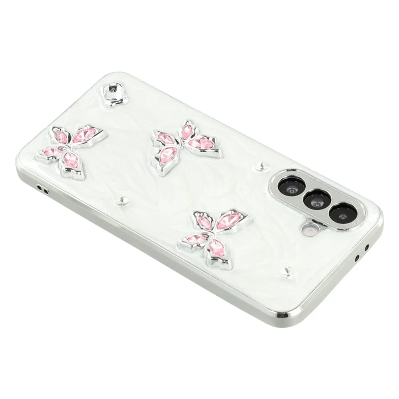 For Samsung Galaxy A36 5G Case Electroplated Epoxy Metal Decor TPU + Acrylic Phone Cover Precise Cutouts - Three Butterflies