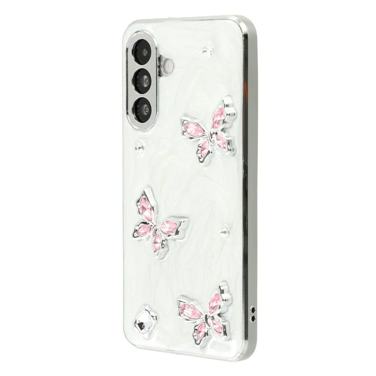 For Samsung Galaxy A56 5G Case Electroplated Epoxy Metal Decor TPU + Acrylic Phone Cover Precise Cutouts - Three Butterflies