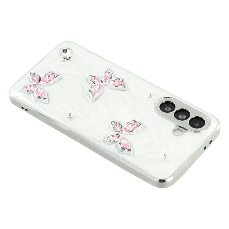 For Samsung Galaxy A56 5G Case Electroplated Epoxy Metal Decor TPU + Acrylic Phone Cover Precise Cutouts - Three Butterflies