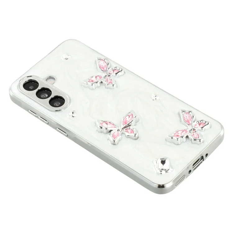 For Samsung Galaxy A56 5G Case Electroplated Epoxy Metal Decor TPU + Acrylic Phone Cover Precise Cutouts - Three Butterflies