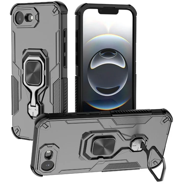 For iPhone 16e Case Rotatable Ring Kickstand PC + TPU Shockproof Phone Cover - Black