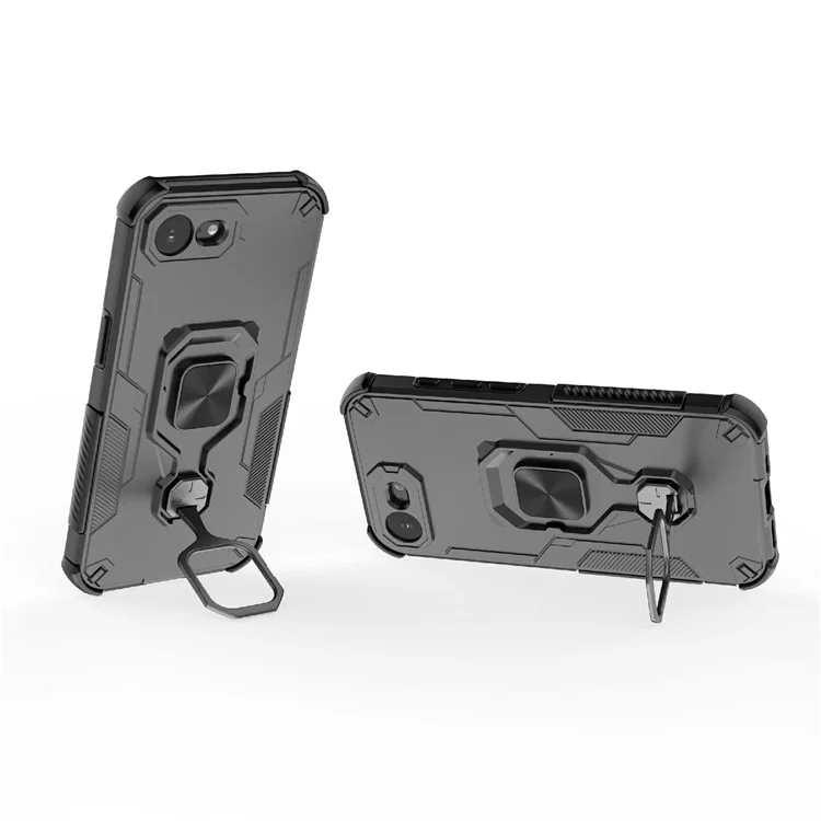 For iPhone 16e Case Rotatable Ring Kickstand PC + TPU Shockproof Phone Cover - Black