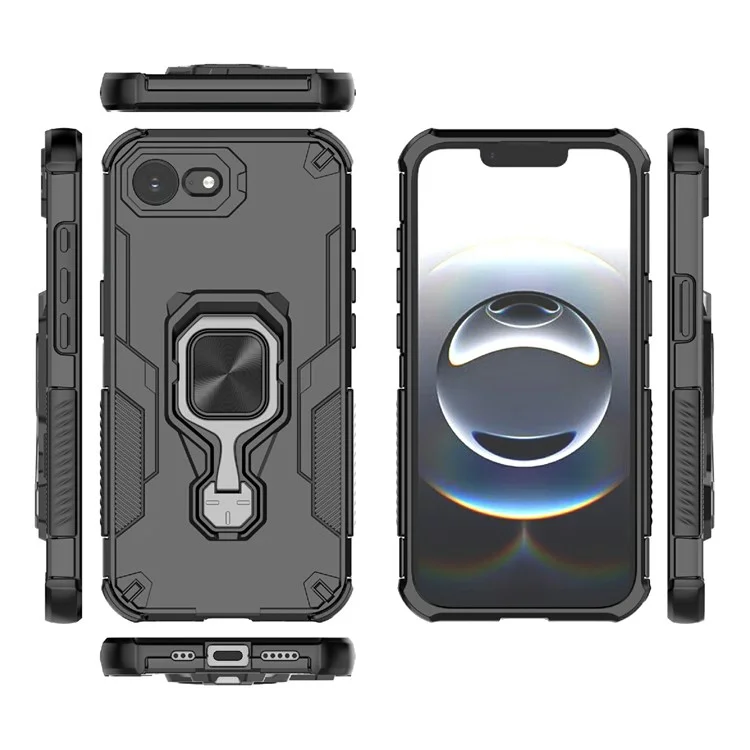 For iPhone 16e Case Rotatable Ring Kickstand PC + TPU Shockproof Phone Cover - Black