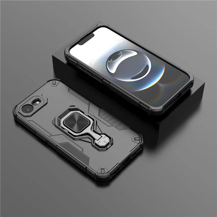 For iPhone 16e Case Rotatable Ring Kickstand PC + TPU Shockproof Phone Cover - Black
