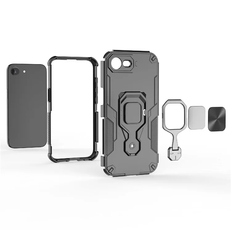 For iPhone 16e Case Rotatable Ring Kickstand PC + TPU Shockproof Phone Cover - Black