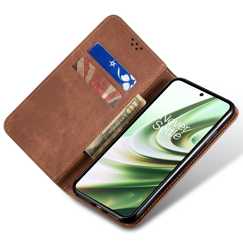 For OnePlus 13T 5G Case Jeans Cloth Texture Anti-Scratch Leather Stand Phone Cover - Coffee