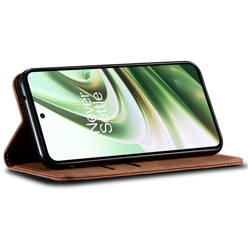 For OnePlus 13T 5G Case Jeans Cloth Texture Anti-Scratch Leather Stand Phone Cover - Coffee