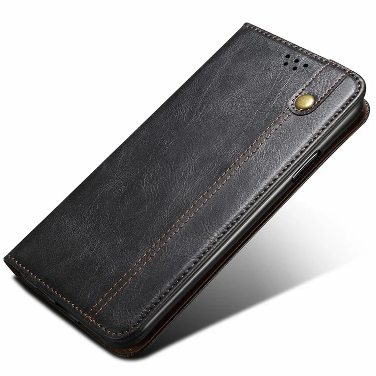 Pour Samsung Galaxy M56 5G Étui en Cuir Portefeuille à Texture de Cheval Fou avec Support - Noir