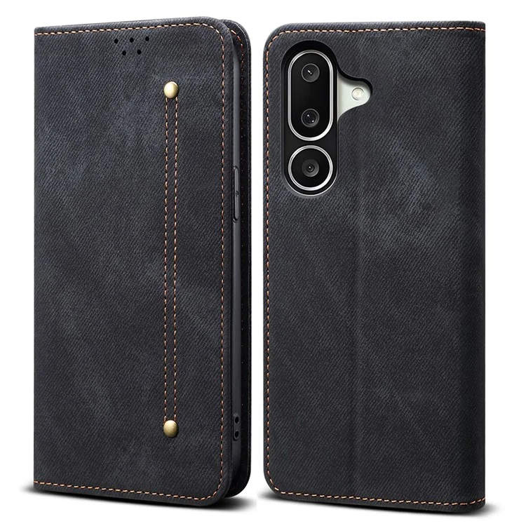 Für Samsung Galaxy M56 5G Hülle Jeans-Stoff-Textur Kratzfeste Lederhülle mit Ständer - Schwarz