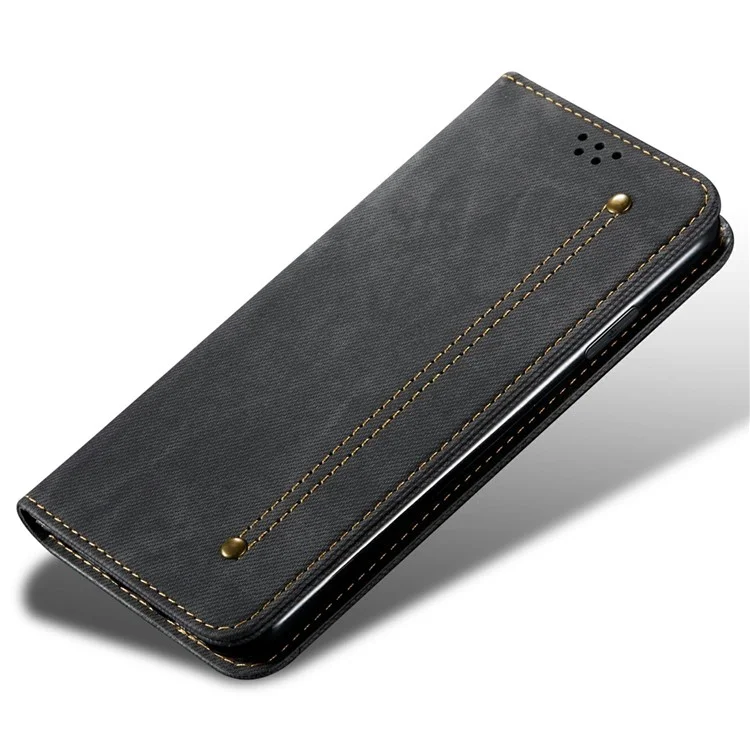 Für Samsung Galaxy M56 5G Hülle Jeans-Stoff-Textur Kratzfeste Lederhülle mit Ständer - Schwarz