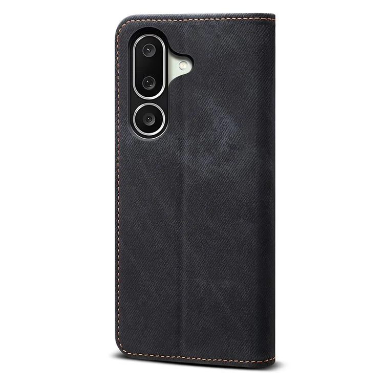 Für Samsung Galaxy M56 5G Hülle Jeans-Stoff-Textur Kratzfeste Lederhülle mit Ständer - Schwarz