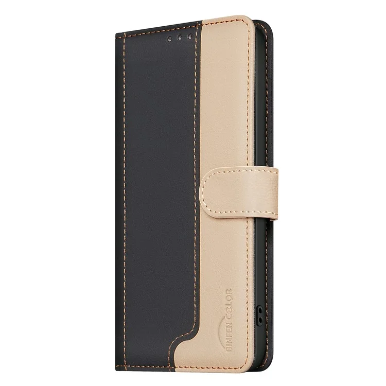 BINFEN COLOR BF33 For Realme 14 5G Leather Case Splicing Color RFID Blocking Wallet Stand Phone Cover - Black