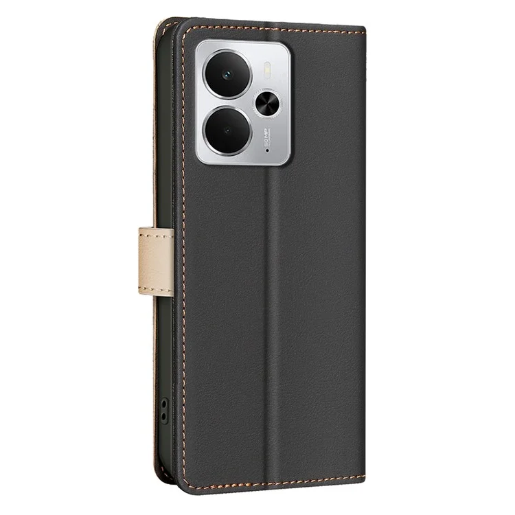 BINFEN COLOR BF33 For Realme 14 5G Leather Case Splicing Color RFID Blocking Wallet Stand Phone Cover - Black