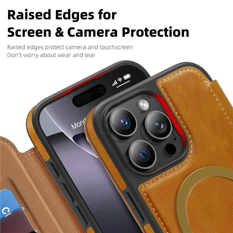 Für iPhone 16 Pro Lederhülle kompatibel mit MagSafe RFID-blockierender Kartenhalter Handyhülle - Braun