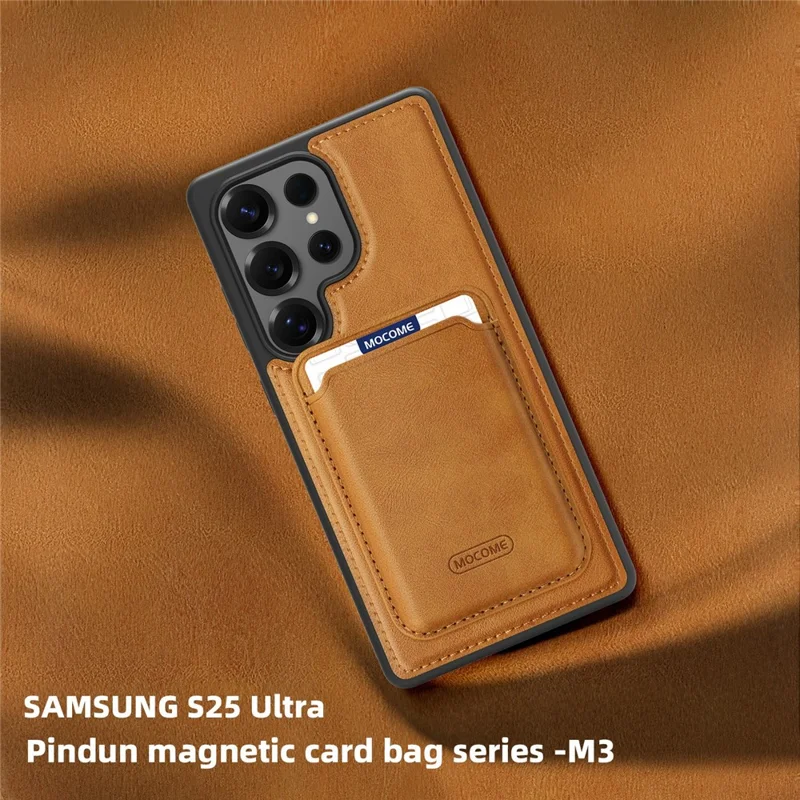 For Samsung Galaxy S25 Ultra Magnetic Case with Detachable Card Holder TPU + PU Leather Phone Back Cover - Brown
