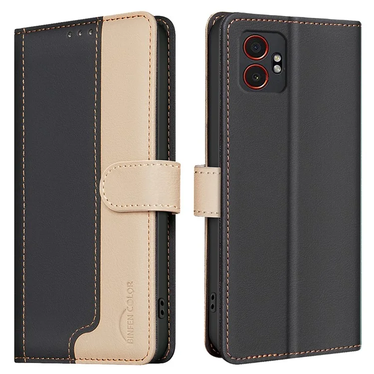 BINFEN COLOR BF33 Für Samsung Galaxy XCover7 Pro Lederhülle Farbspleißen RFID-blockierendes Geldbörsentasche Ständer Handyhülle - Schwarz