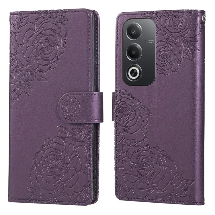 Für Oppo A3 Pro (Indien) 5G Hülle Rosenblume PU-Leder Brieftasche Handyhülle mit 3 Kartenfächern - Dunkelviolett