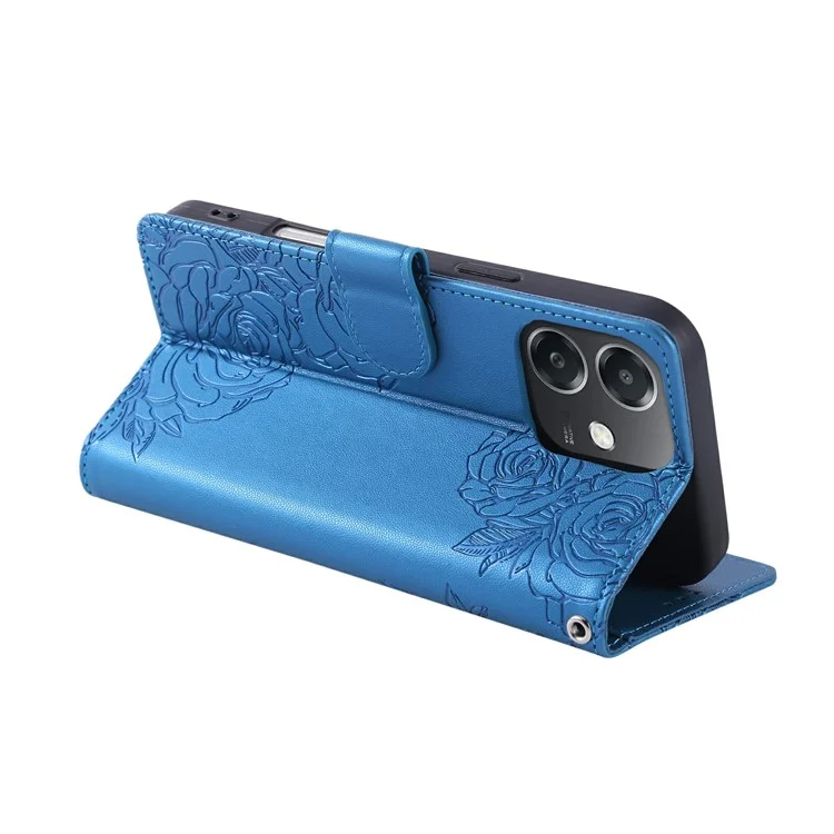 PU Leather Case For Oppo A3x 5G (India)  /  A3x 4G  /  A3 5G  /  A3 4G  /  A60 5G  /  A40 4G  /  A40M 4G Rose Flower Phone Cover with 3 Card Slot - Blue