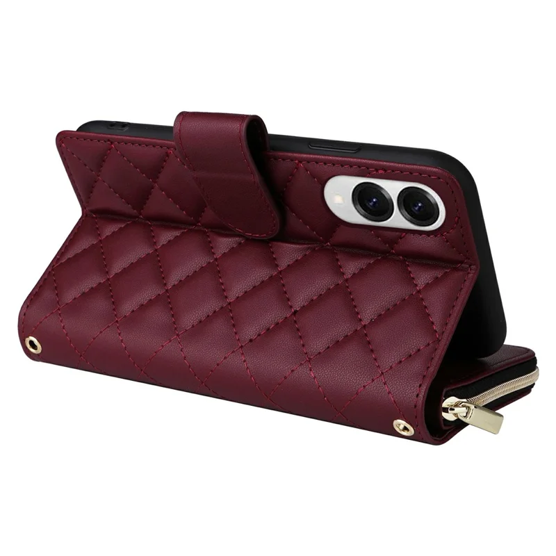 Capa de Carteira com Zíper para Samsung Galaxy S25 Edge em Couro PU com Padrão Losango - Vermelho Vinho