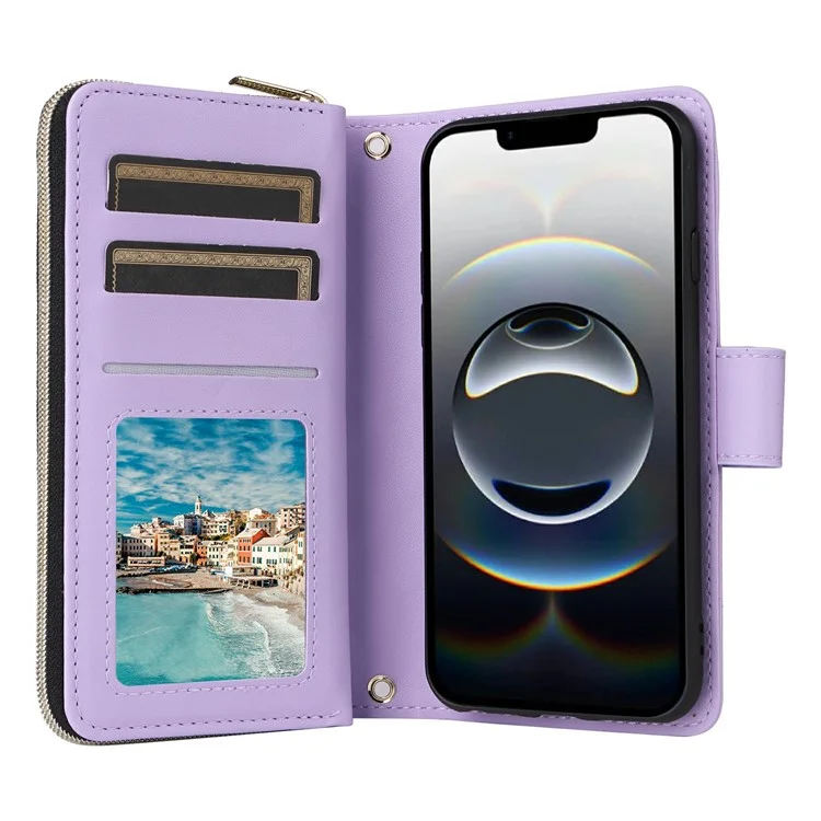 For iPhone 16e Case Zipper Wallet Rhombus PU Leather Crossbody Phone Bag - Purple