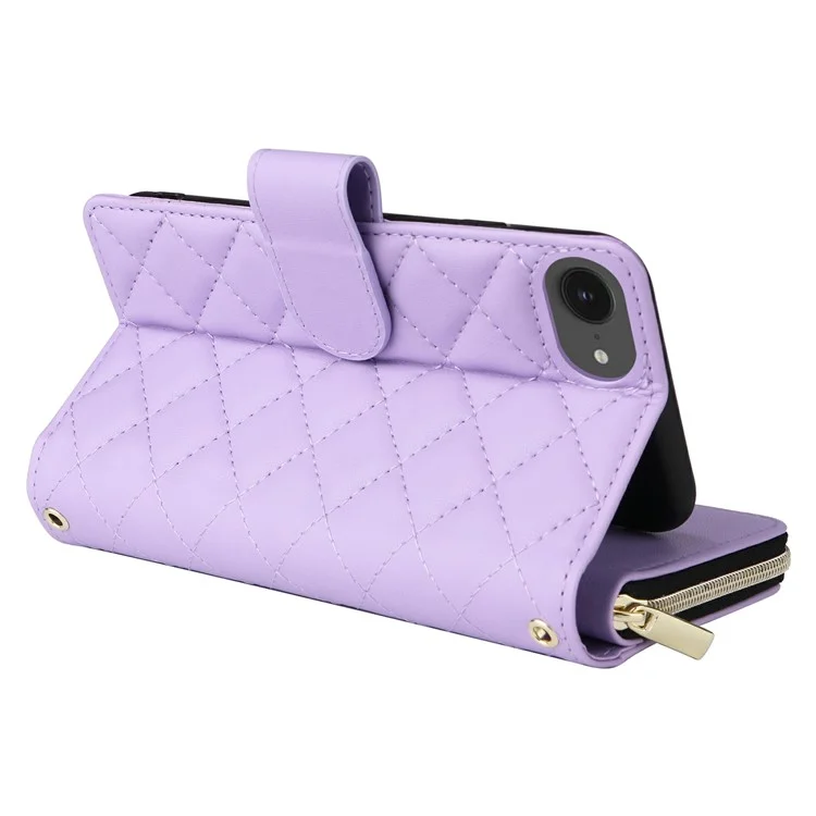 For iPhone 16e Case Zipper Wallet Rhombus PU Leather Crossbody Phone Bag - Purple