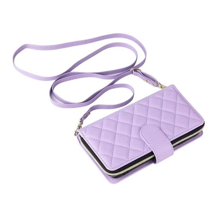 For iPhone 16e Case Zipper Wallet Rhombus PU Leather Crossbody Phone Bag - Purple