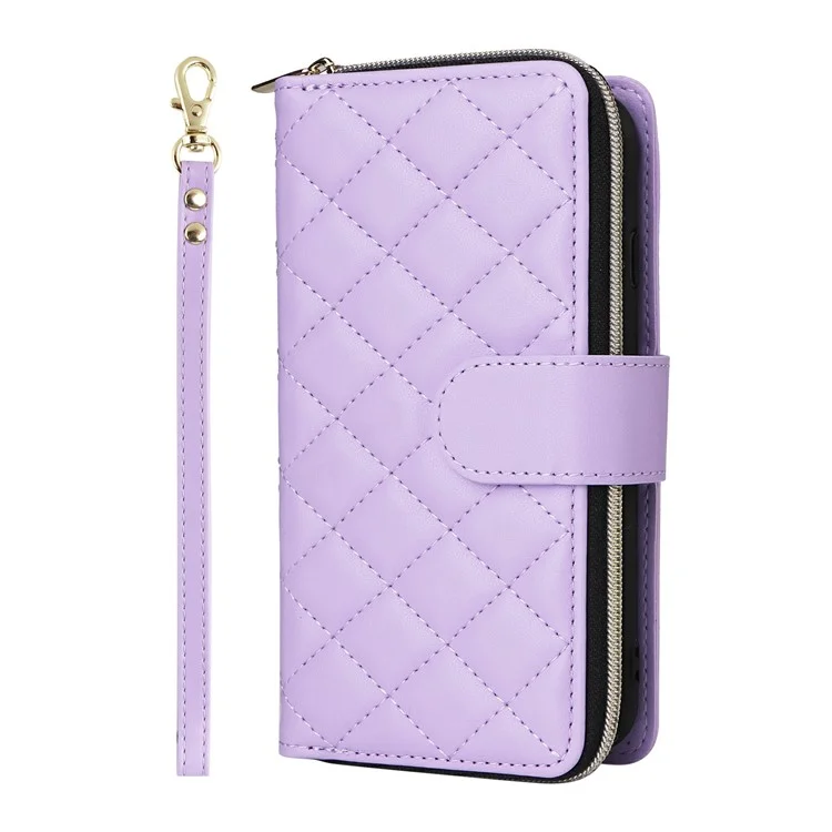 For iPhone 16e Case Zipper Wallet Rhombus PU Leather Crossbody Phone Bag - Purple