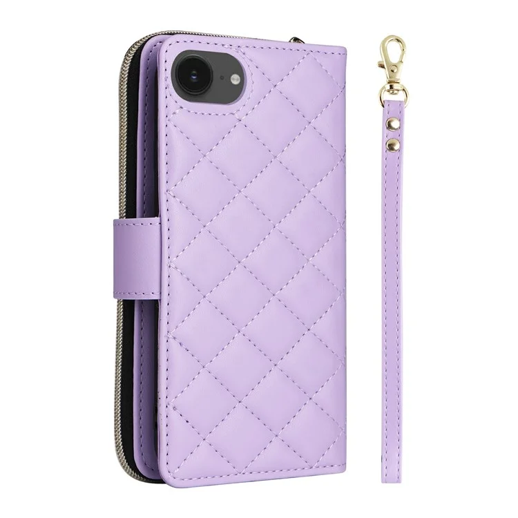 For iPhone 16e Case Zipper Wallet Rhombus PU Leather Crossbody Phone Bag - Purple