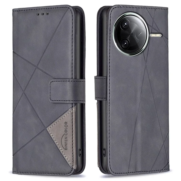 BINFEN COLOR Phone Case For Xiaomi Redmi K80 Pro 5G  /  K80 5G  /  Poco F7 Pro 5G  /  F7 Ultra 5G Wallet Stand Geometry Imprinted Leather Cover - Black