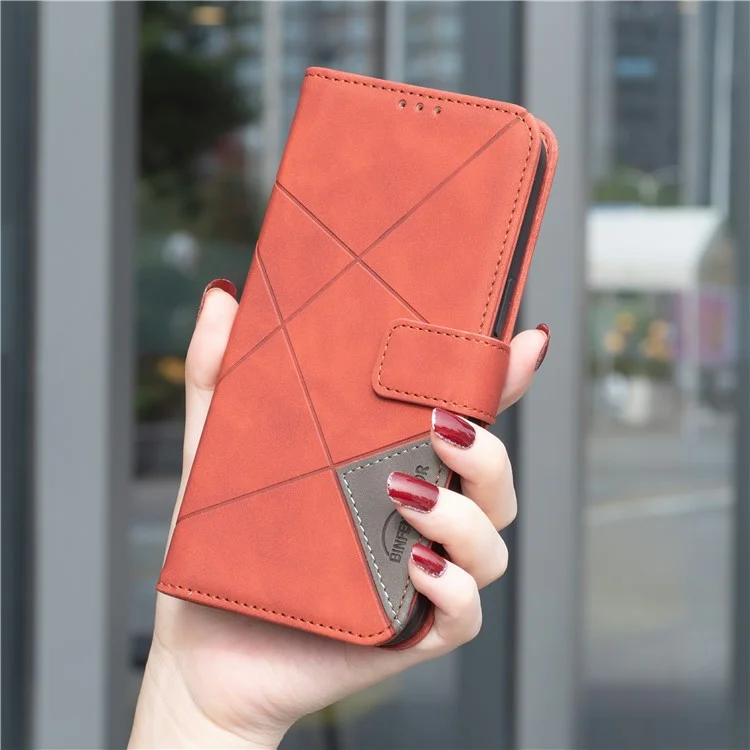 BINFEN COLOR For Honor 400 Lite Phone Case Wallet Stand Geometry Imprinted Leather Cover - Brown
