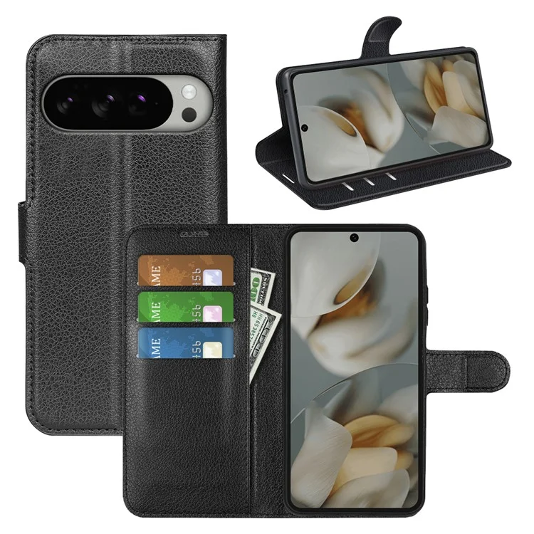 For Google Pixel 10 Pro XL Case Litchi Texture Shockproof Leather Wallet Phone Cover - Black