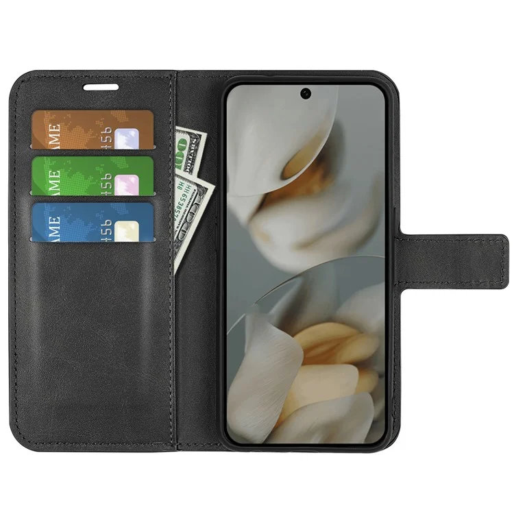 For Google Pixel 10 Pro XL Stand Case Anti-Scratch Calf Texture Leather Phone Cover - Black