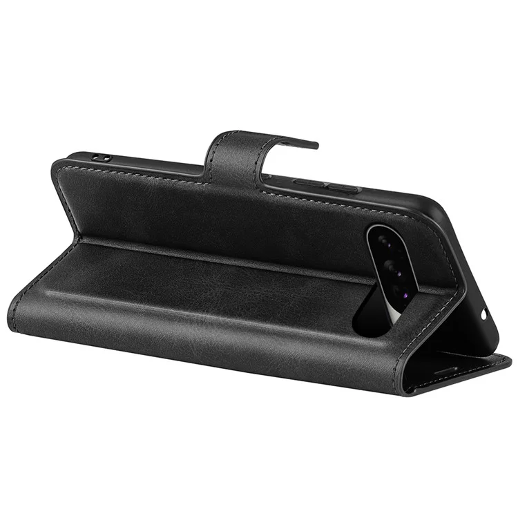 For Google Pixel 10 Pro XL Stand Case Anti-Scratch Calf Texture Leather Phone Cover - Black