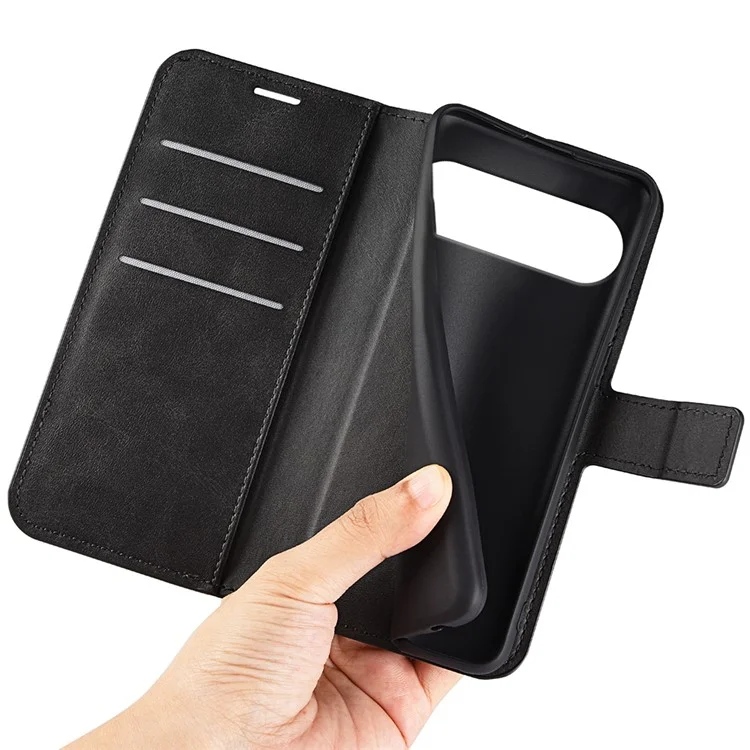For Google Pixel 10 Pro XL Stand Case Anti-Scratch Calf Texture Leather Phone Cover - Black